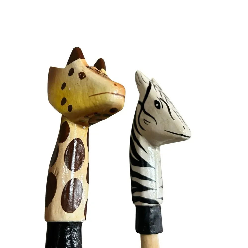 4pc Hand-Carved African Safari Wood Salad Servers - Giraffe, Zebra, Cheetah